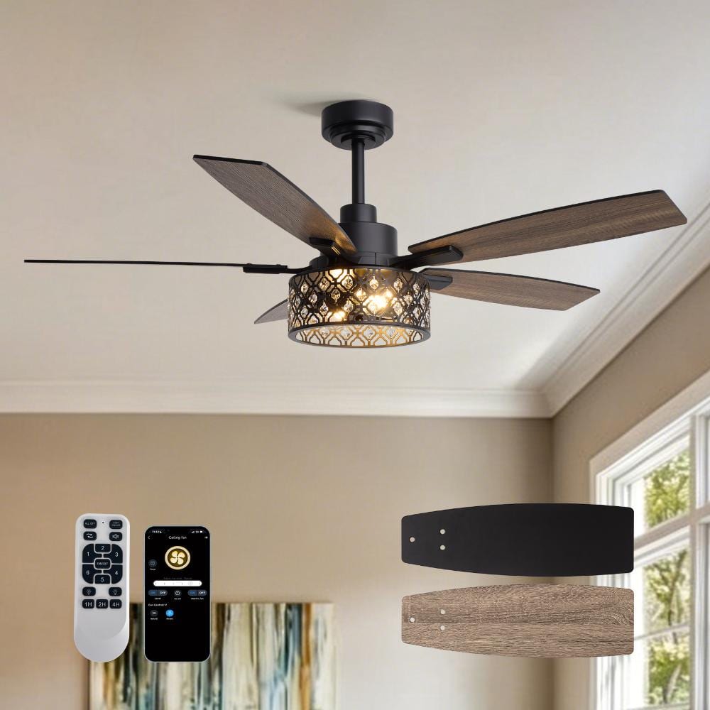 52 in. Black Crystal Cage Fandelier with Remote, App Control and 6 Speed DC Motor price history on PriceWatchPro