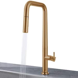 Easy-Install Single Handle Deck Mount Squared Arc Pull Down Sprayer Kitchen Faucet with Flexible Hose in Brushed Gold