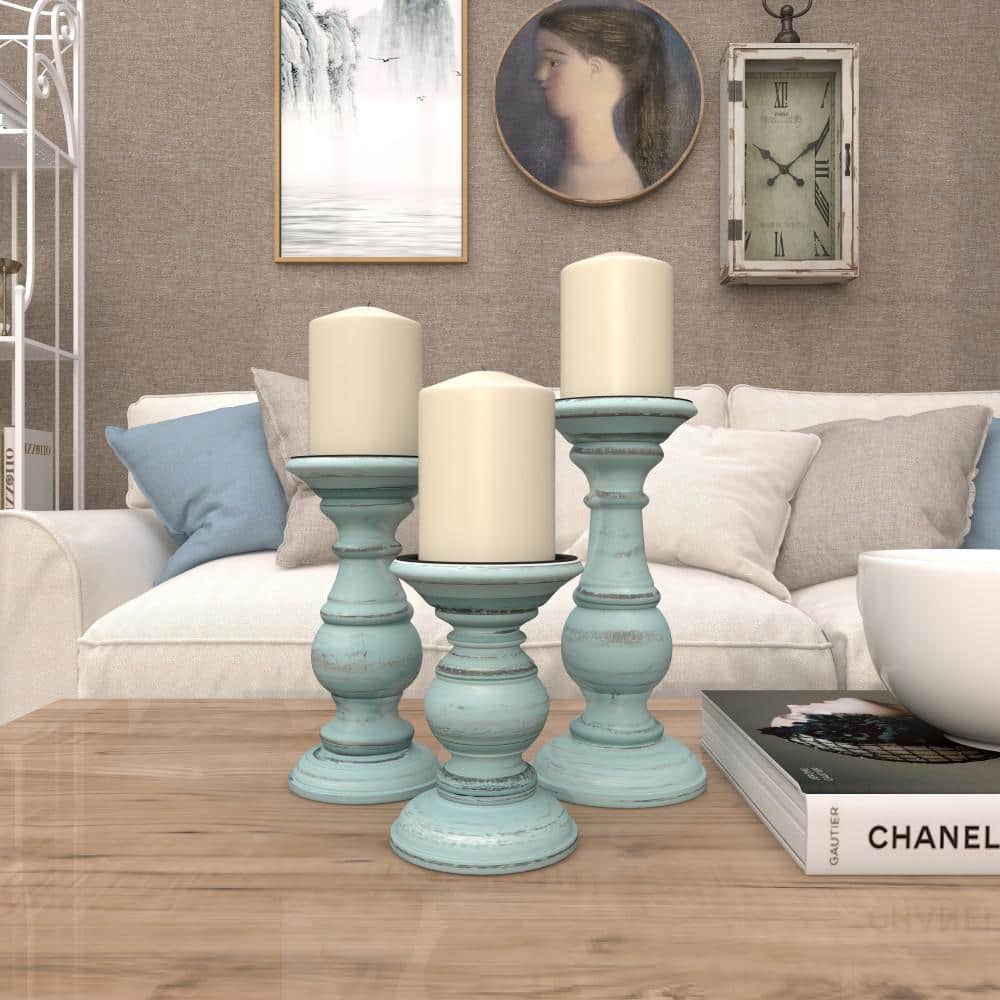 Light Blue Mango Wood Pillar Candle Holder Set, 6", 8", 10"