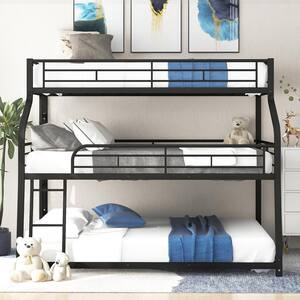 Black Twin XL Over Full XL Over Queen Triple Bunk Beds with Ladders and Full-Length Guardrail, Metal Kids Bunk Bed Frame