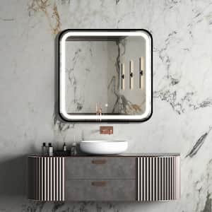 32 in. W x 32 in. H Small Rectangular Metal Framed LED High Lumen Dimmable Wall Bathroom Vanity Mirror in Black