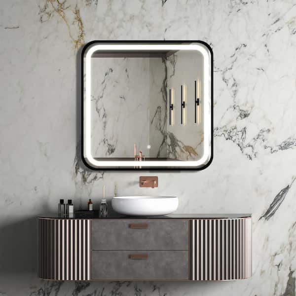 HBEZON 32 in. W x 32 in. H Small Rectangular Metal Framed LED High Lumen Dimmable Wall Bathroom Vanity Mirror in Black