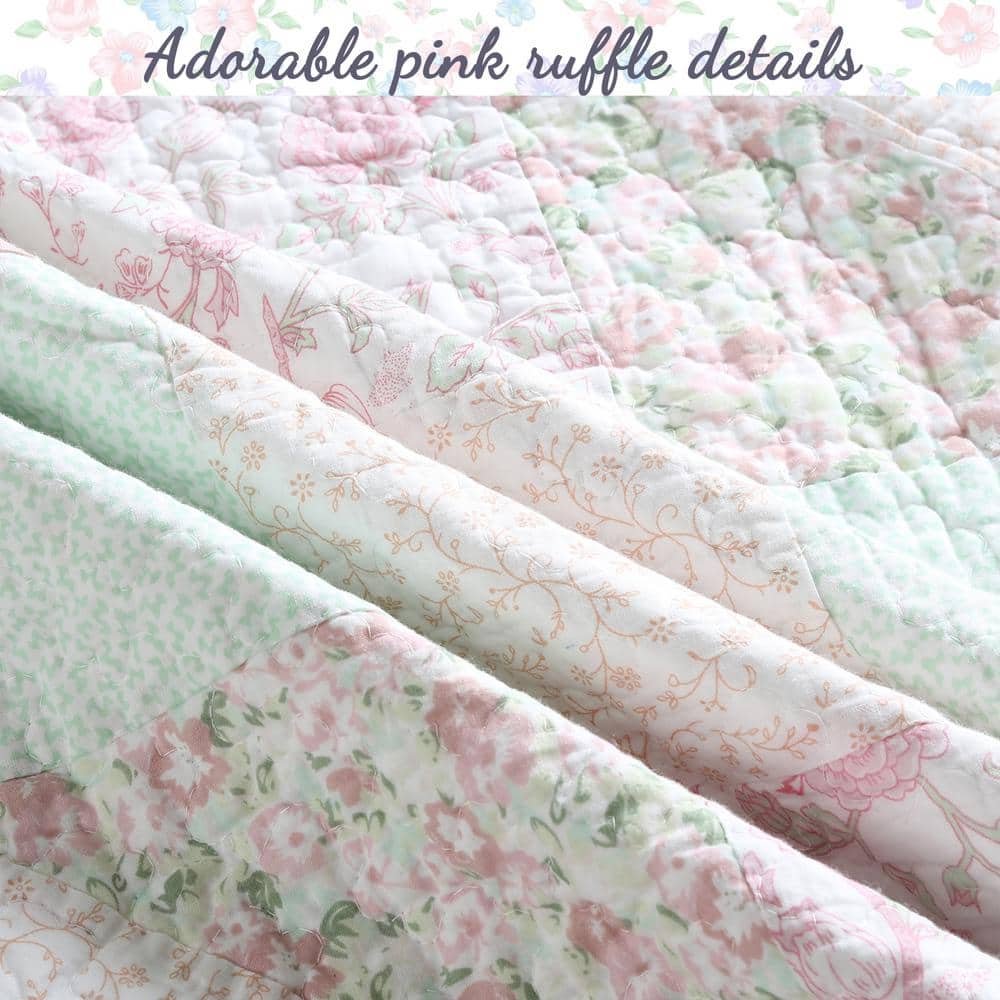 Pastel Floral Patchwork Cotton Reversible Queen Quilt Set