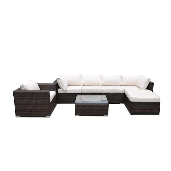 Afoxsos Brown 7-Pieces PE Rattan Wicker Patio Outdoor Sectional Sofa Set with Beige Cushions and Steel Frame