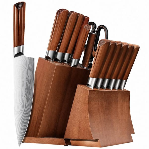 15-Piece High Carbon Stainless Steel Knife Set with Magnetic Detachable Wood Holder and Steak Knives