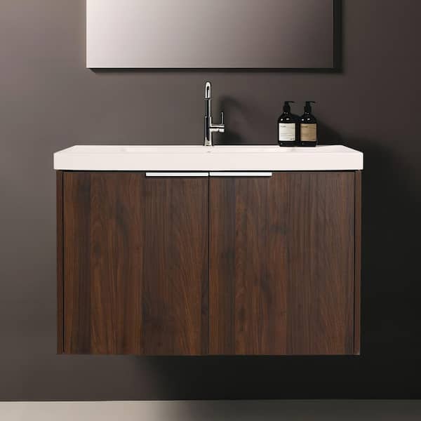 UPIKER 29.5 in. W x 18.1 in. D x 19.3 in. H Floating Single Sink Bath Vanity in California Walnut with White Resin Vanity Top