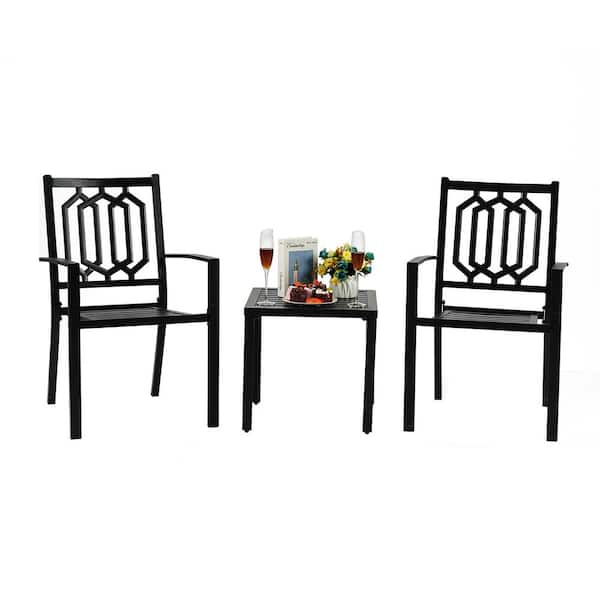 MEOOEM 3 Pcs Outdoor Bistro Table and Chair Set Square Wrought Iron Dining Table and 2 Patio Chair Armchairs Conversation Set