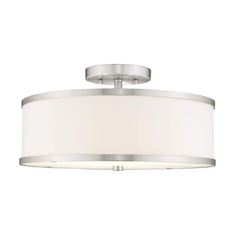 Elegant Brushed Nickel 3-Light Semi-Flush Drum with Off-White Fabric Shade