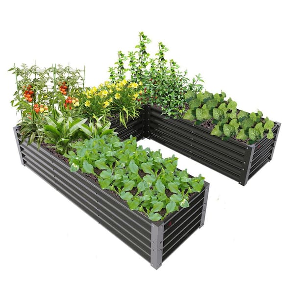 Gray Metal Rectangular U-Shaped Raised Garden Bed Planter Box for Planting Vegetables (74 in. L x 74 in. W x 18 in. H)