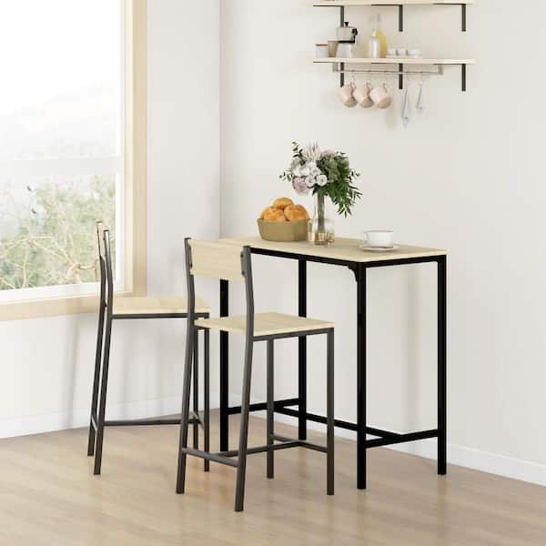 3 Piece Industrial Dining Table Set, Counter Height Bar Table and Chairs Set for Small Space, Dining Room, Oak