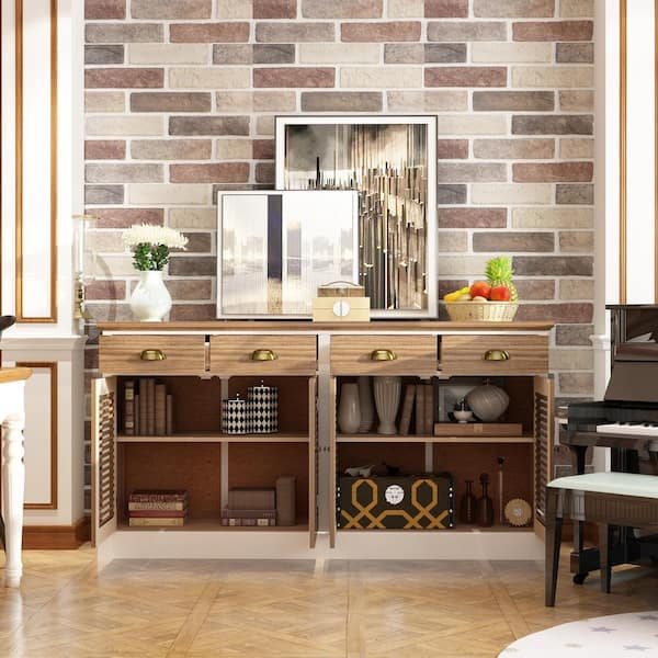 FUFU&GAGA 78.7 in. H Brown Storage Cabinet, Kitchen Organization with Louvered Doors and Adjustable Shelves