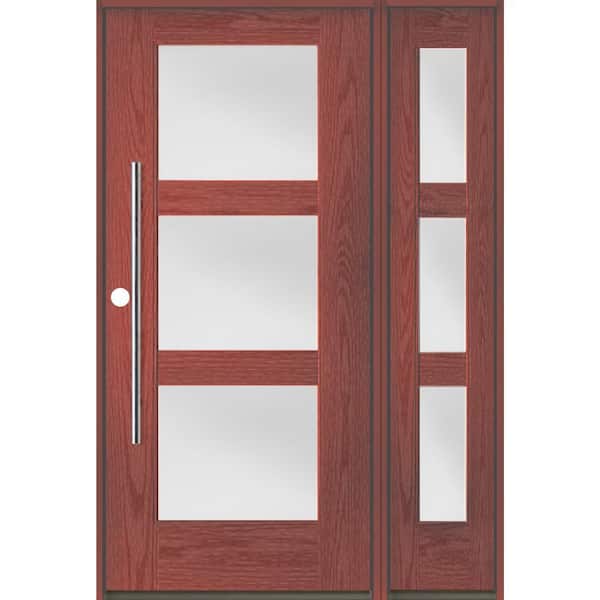 Krosswood Doors Modern Faux Pivot 50 in. x 80 in. 3-Lite Right-Hand/Inswing Satin Glass Redwood Stain Fiberglass Prehung Front Door wRSL