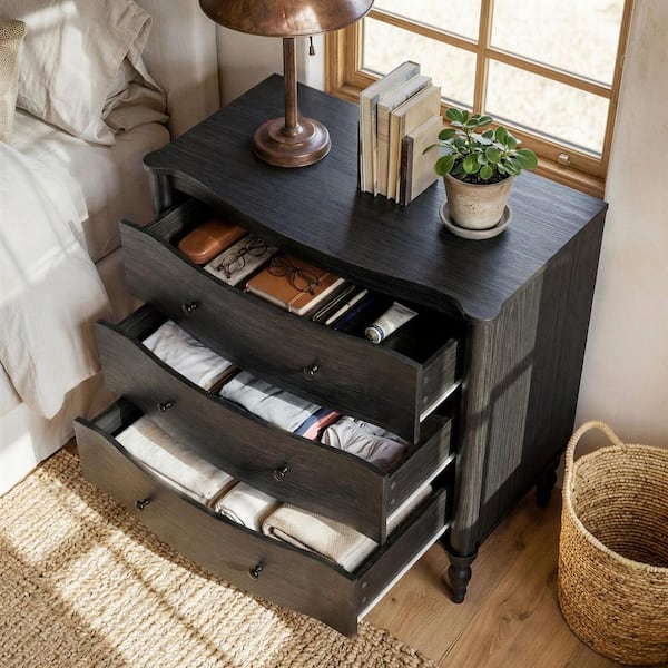 Black 3 Drawer 32.8 in. Wide Dresser without Mirror with Solid Wood Legs,Curved Drawer,Anti-Tip, For Living Room Storage