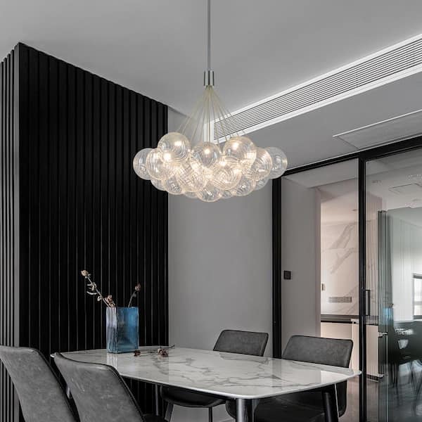 Neuvy 19-Light Polished Chrome Cluster Pendant Chandelier with Twisted Texture Water Clear Glass Balls for Dining Room