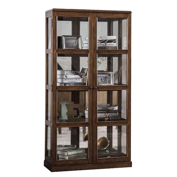 Benjara Transitional Oak Brown Wooden Curio Cabinet with Two Glass Doors and Four Shelves