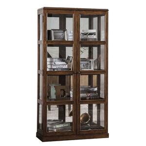 Transitional Oak Brown Wooden Curio Cabinet with Two Glass Doors and Four Shelves