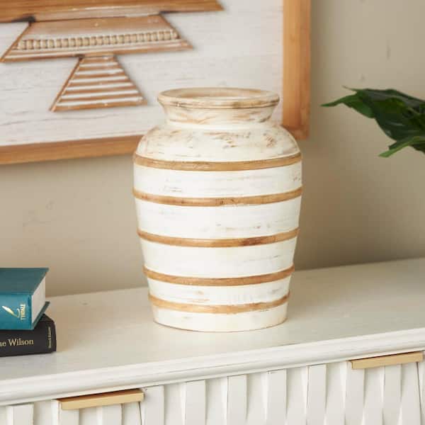Litton Lane Brown Distressed Mango Wood Decorative Vase with Horizontal Ridges