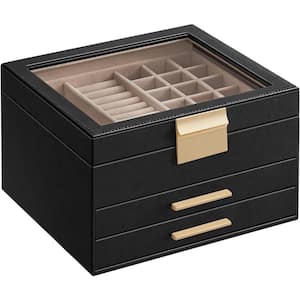 9.1 x 8 x 5.3 in. Graphite Black MDF Jewelry Box with Glass Lid, 3-Layer Organizer, 2 Drawer, for Big and Small Jewelry