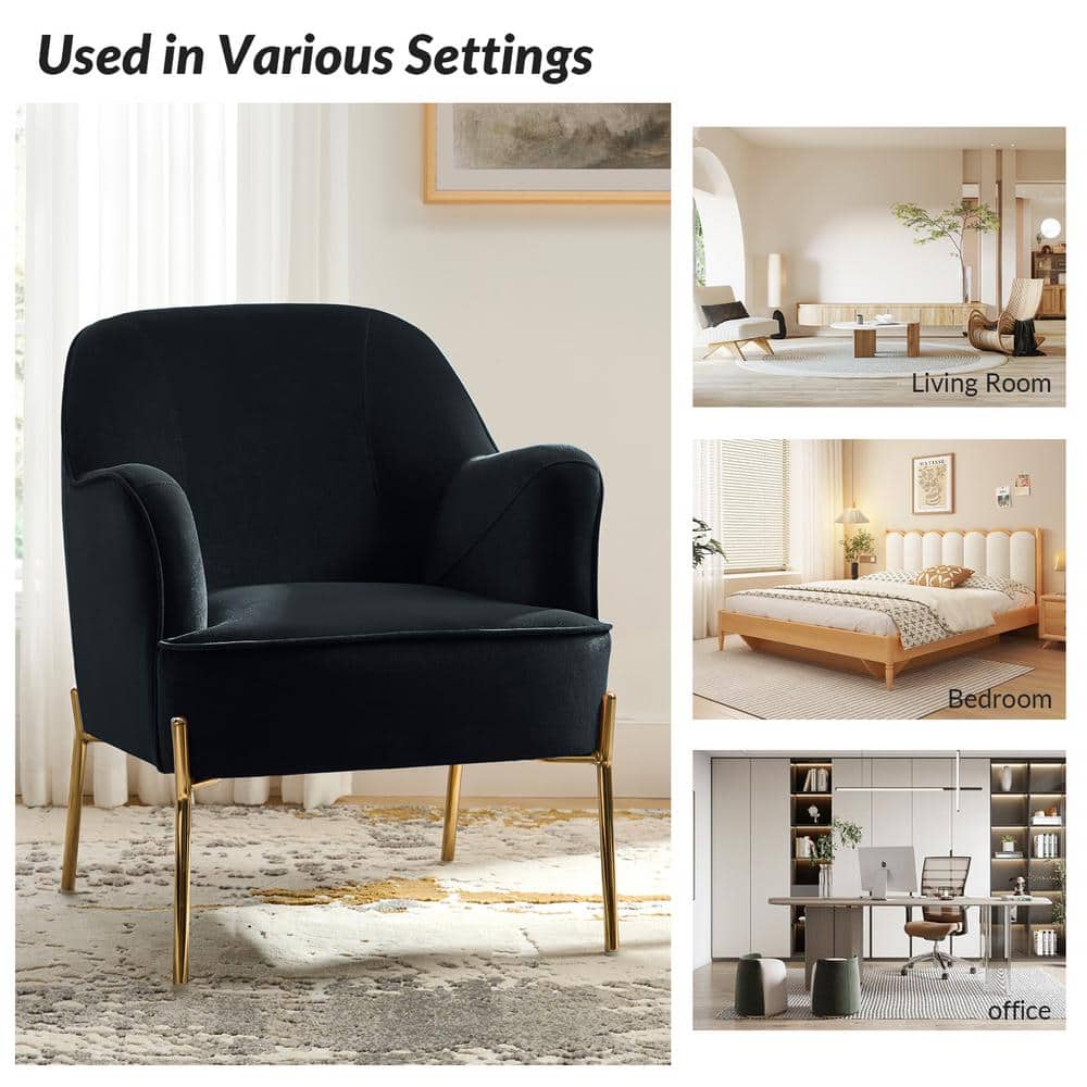 Elegant Black Velvet Curved Backrest Accent Chair with Golden Metal Legs