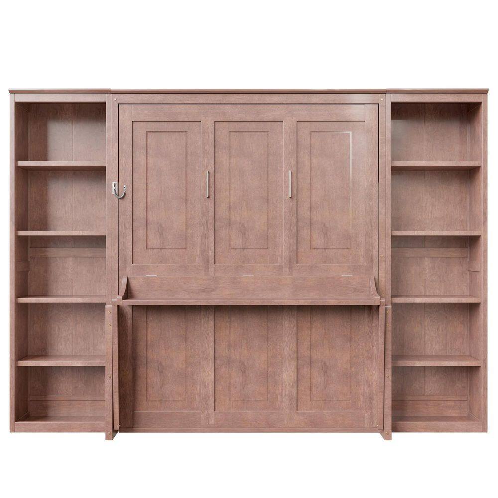 Dark Brown Wood Frame Queen Size Murphy Bed Wall Bed with Storage Bookshelves - thumbnail 7
