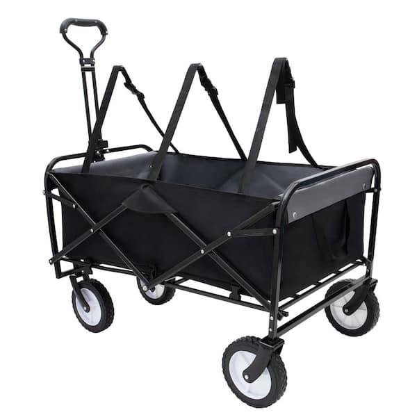 17 cu. ft. Black Fabric Collapsible Garden Cart, Utility Wagon w/Strap and All-Terrain Wheels for Outdoor Shopping