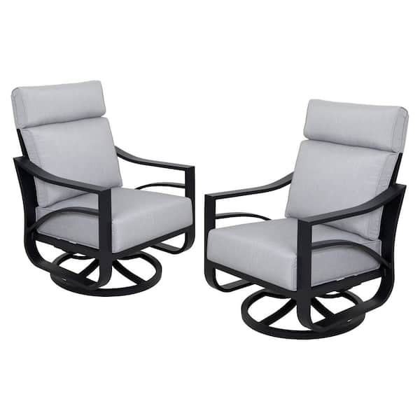 Black Aluminum 2-Piece Swivel Outdoor Rocking Chairs with 6 in Zippered Gray Cushions (2-Pack)