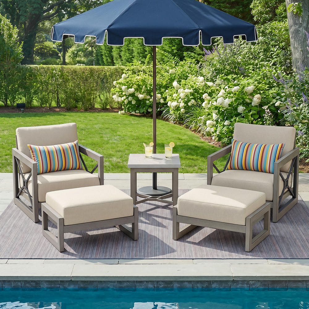 Marindo 5-Piece Aluminum Patio Outdoor Conversation Set with Echo Dune Sunbrella Cushions and Ottomans