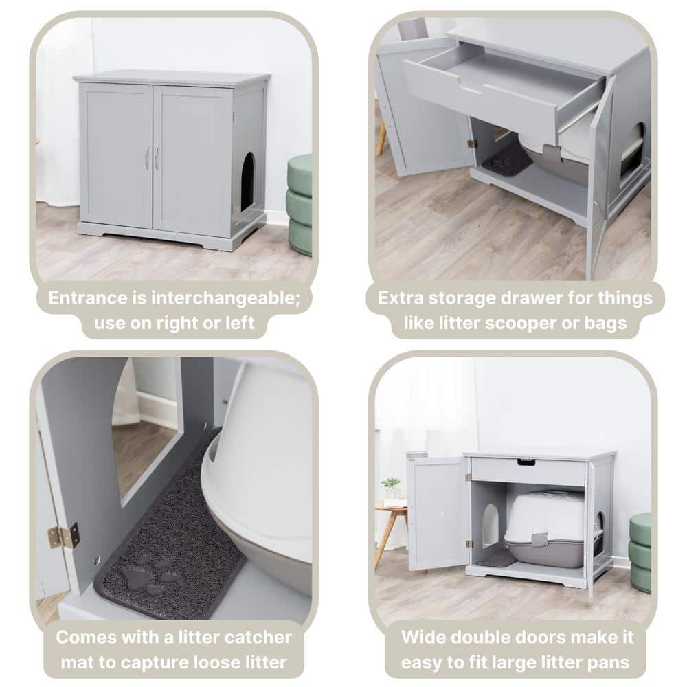 Gray Wooden Litter Box Enclosure with Storage Drawer