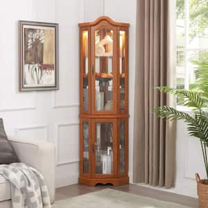 66.55 in.H Brown Wood Glass Corner Display Storage Cabinet With Light Bar and Adjustable Shelves