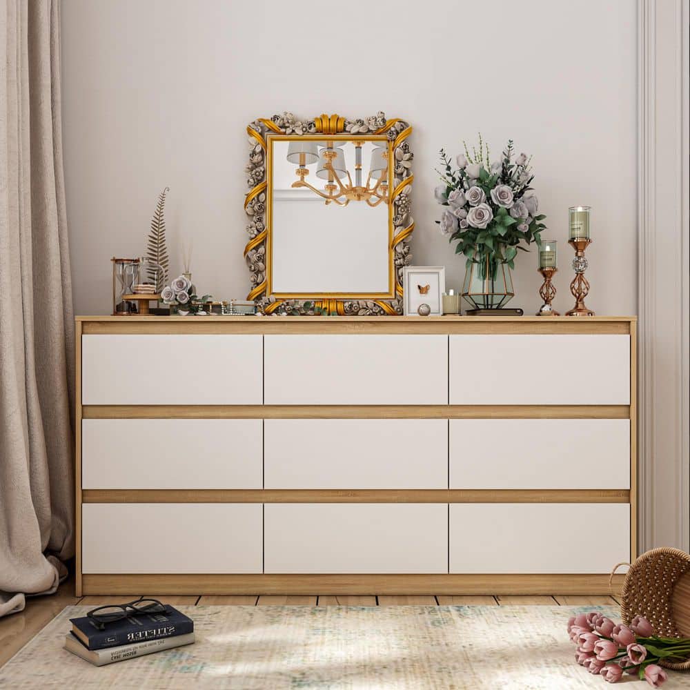 FUFU&GAGA Natural Brown 9-Drawer Wood Chest of Drawers 31.5 in. H