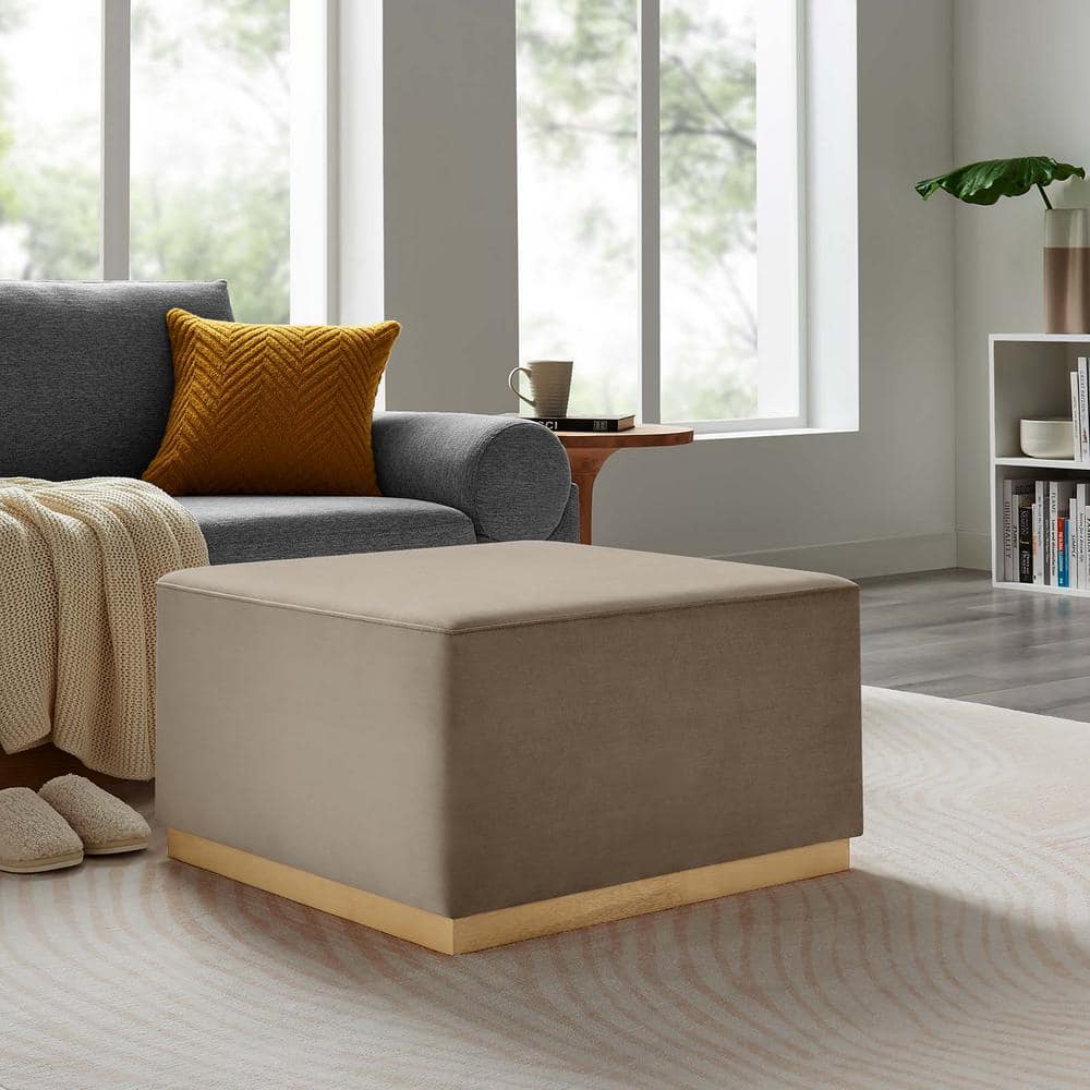 Tilden Taupe Velvet Upholstered Square Ottoman with Rubberwood Base