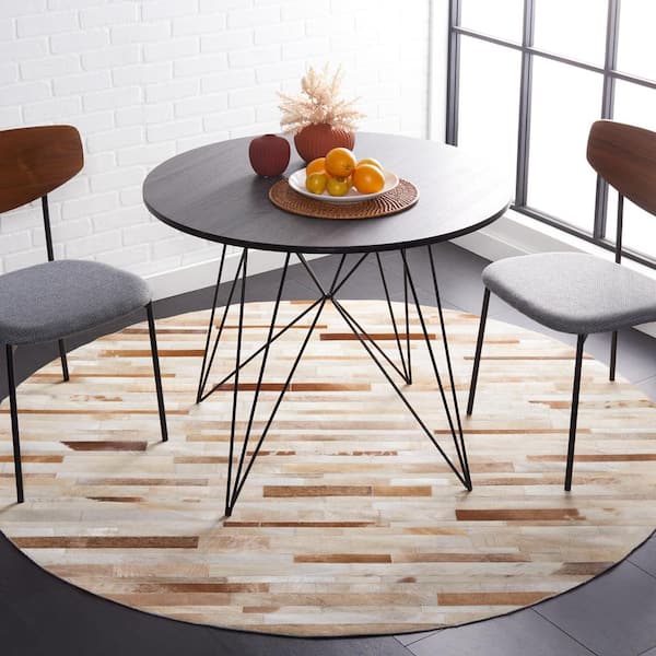 Studio Leather Tan Ivory 6 ft. x 6 ft. Striped Abstract Round Area Rug