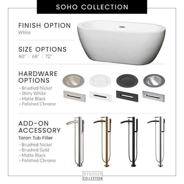 Soho 59.75 in. Acrylic Flatbottom Center Drain Soaking Tub in White with Floor Mounted Faucet in Brushed Nickel Soho 59.75 in. Acrylic Flatbottom Center Drain Soaking Tub in White with Floor Mounted Faucet in Brushed Nickel