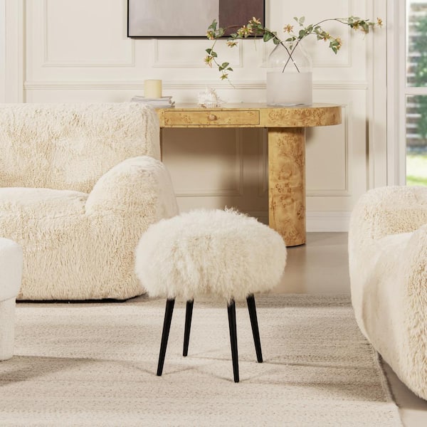 Jennifer Taylor 16 in. Mongolian Sheepskin Genuine Fur Beige Round Ottoman