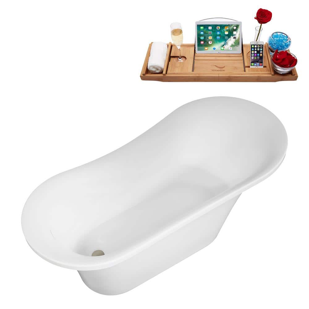 60" Glossy White Acrylic Freestanding Double Slipper Tub with Brushed Nickel Drain