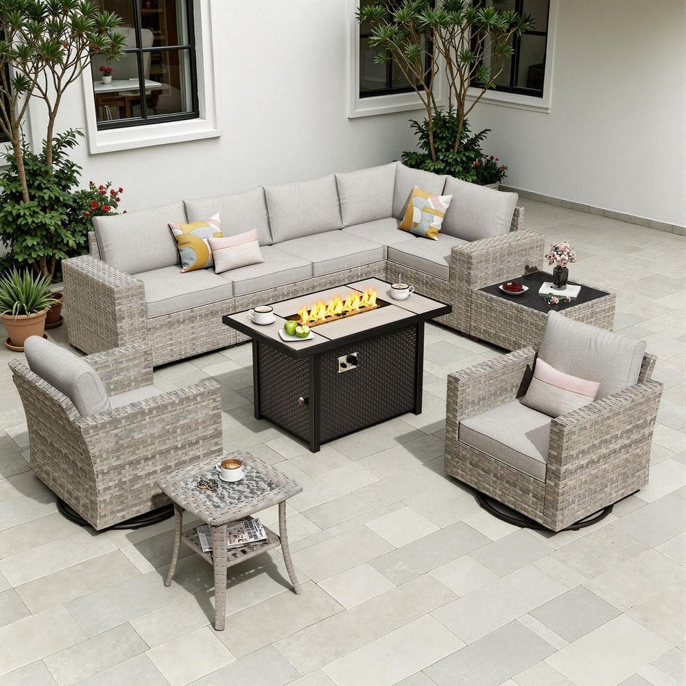 Crater Grey 10-Piece Wicker Outdoor Patio Fire Pit Conversation Sofa Set with Swivel Chairs and Dark Grey Cushions