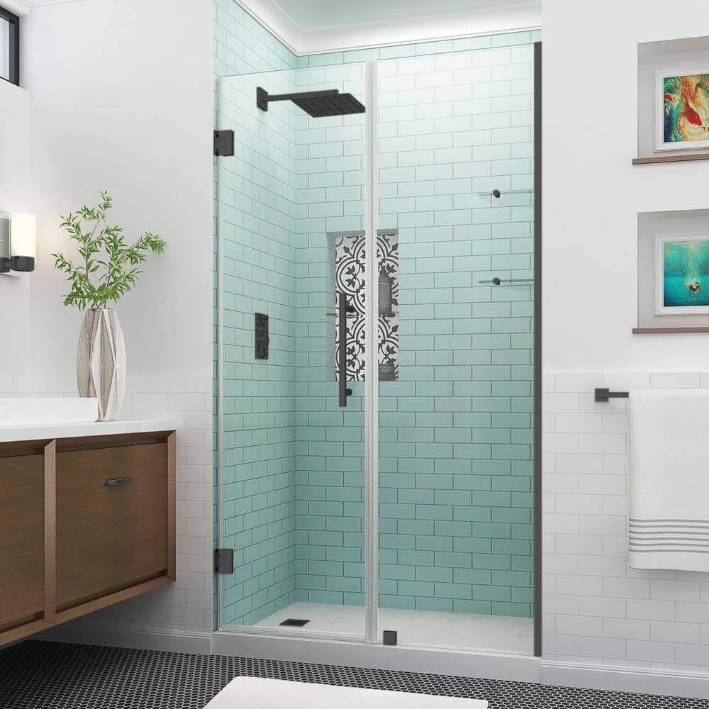 Belmore GS 43.25 in. to 44.25 in. x 72 in. Frameless Hinged Shower Door with Glass Shelves in Matte Black price history on PriceWatchPro