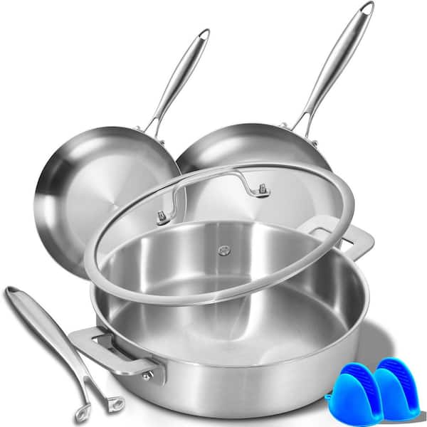 3-Piece Tri-Ply Stainless Steel Frying Pan and Sauté Pan Set Induction Compatible Multipurpose Dishwasher Safe
