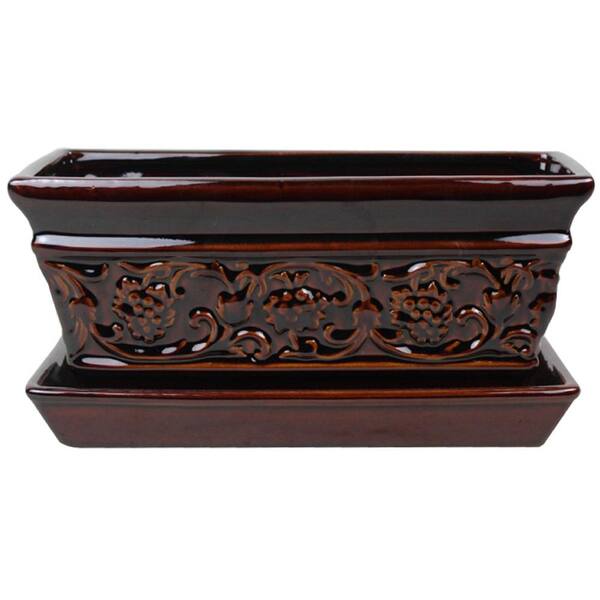 Trendspot 10 in. Brown Rustic Damask Ceramic Windowbox