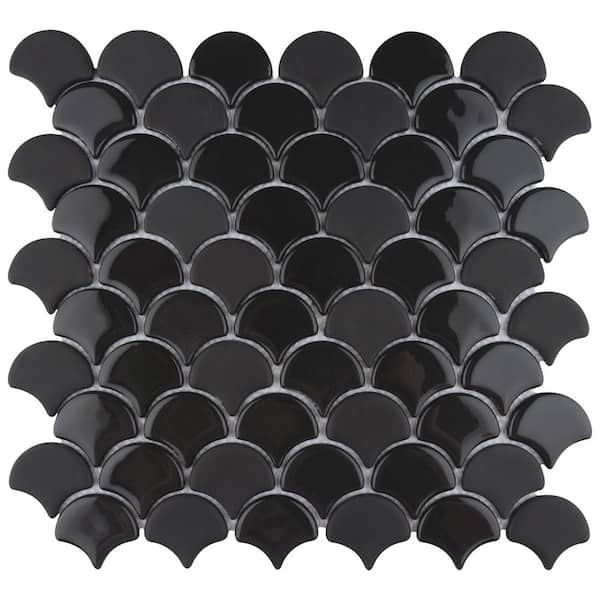 Merola Tile Expressions Scallop Black 6 in. x 6 in. Glass Mosaic Take Home Tile Sample