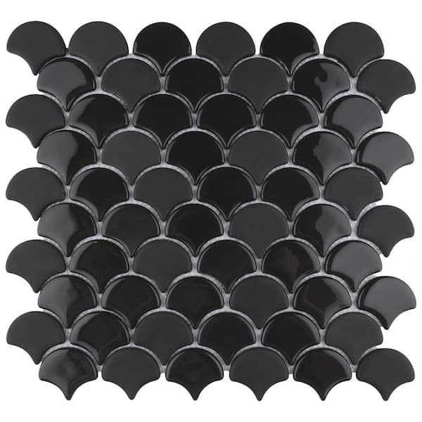 Merola Tile Expressions Scallop Black 11-1/4 in. x 12 in. Glass Mosaic Tile (0.96 sq. ft./Each)