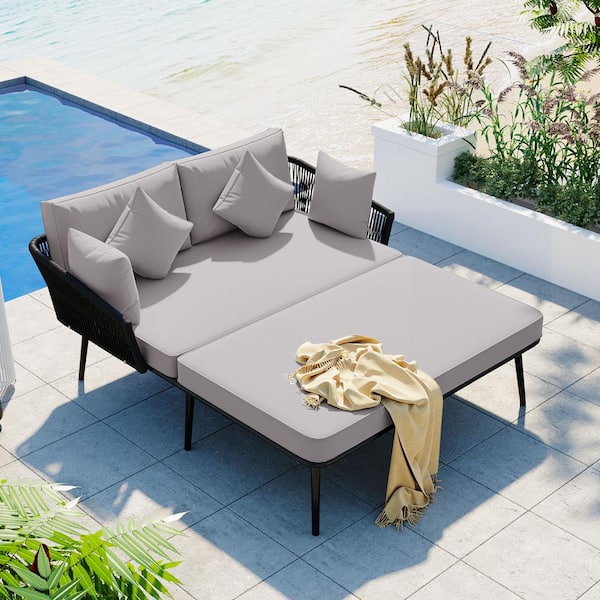 Zeus & Ruta Black Wicker Outdoor Patio Day Bed Woven Nylon Rope Backrest with Gray Washable Cushions for Balcony, Poolside