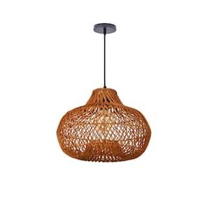 1-Light Rattan Woven Pendant Light with Brown Shade