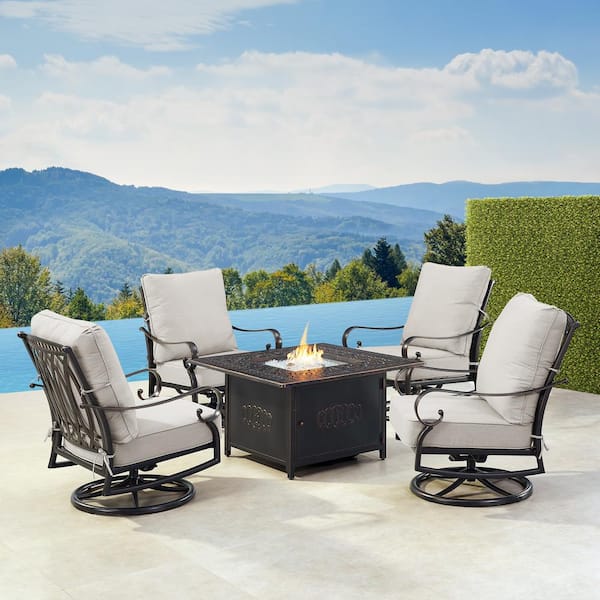 Oakland Living Black Aluminum Fire Table Set with 4-Club Chairs