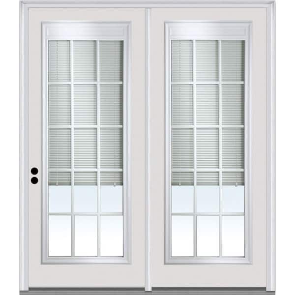 MMI DOOR 75 in. x 82 in. Clear Glass Internal Blinds/Grilles Primed Fiberglass Prehung Right Hand Full Lite Stationary Patio Door