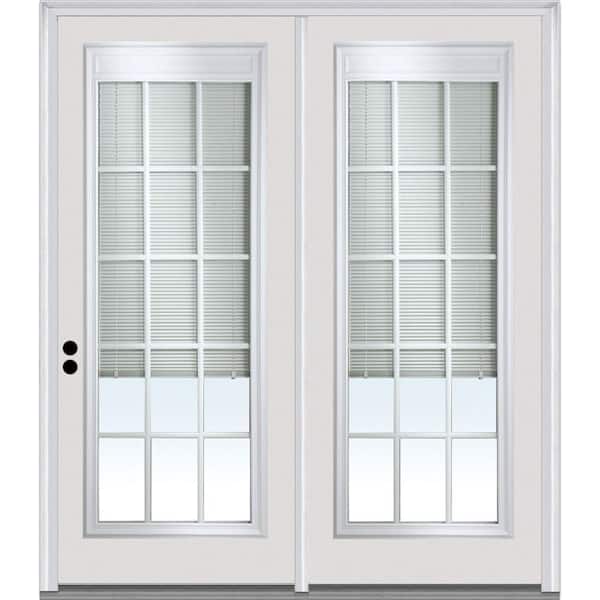 MMI Door 72 in. x 80 in. Clear Glass Internal Blinds and Grilles Primed Steel Prehung Right Hand Full Lite Stationary Patio Door