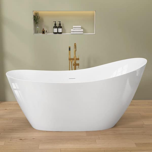 Deny 63 in. x 29.52 in. Acrylic Freestanding Soaking Bathtub Double Slipper Stand Alone Bath Tub Chrome Drain in White