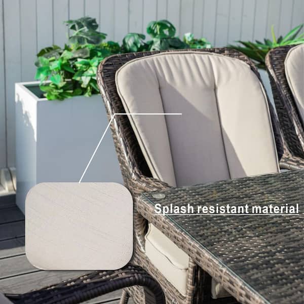 Brown 7-Piece Wicker Outdoor Dining Set Beige Cushion