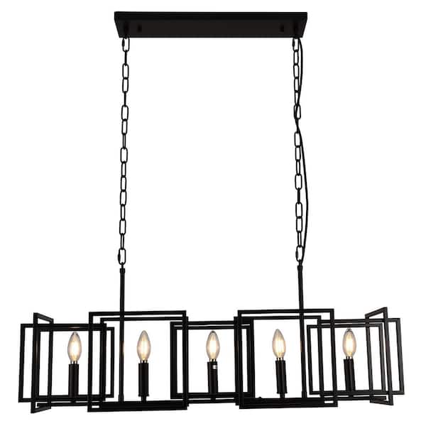 PAKOKULA Industrial 35.4 in. 5-Light Black Dimmable Linear Geometric Chandelier for Kitchen Island