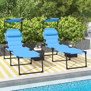 Light Blue Metal Outdoor Chaise Lounge, 2-Piece Folding Chair with Adjustable Backrest, Sunshade Roof and Headrest